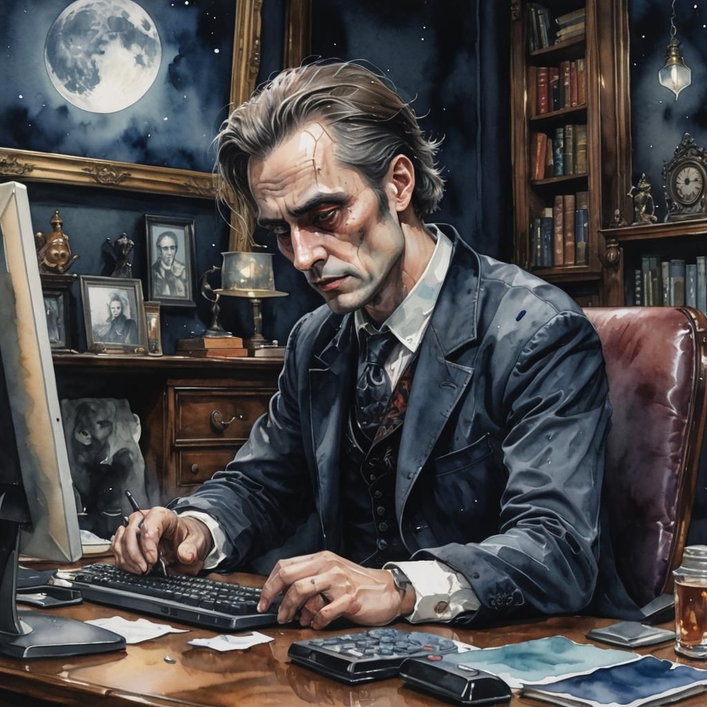 Surreal Renaissance Man Working: Watercolour Portrait