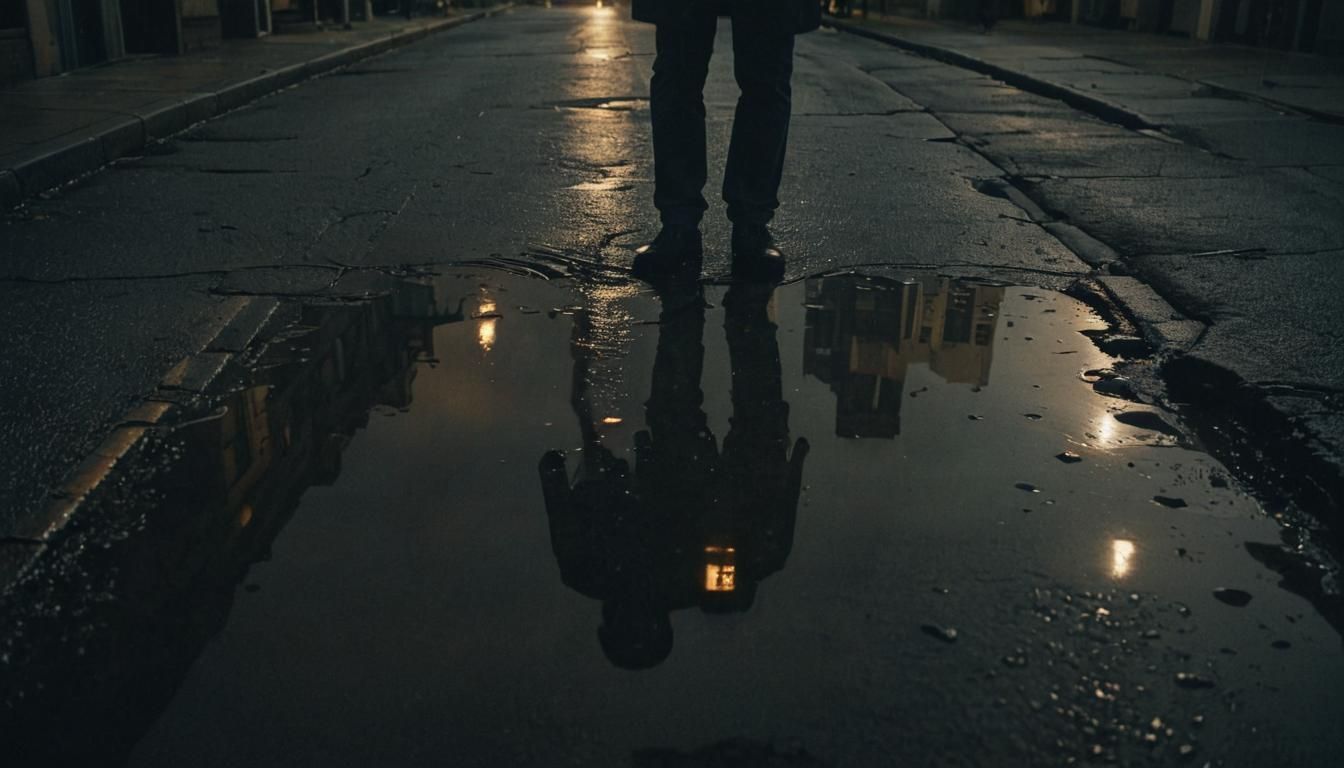Moody Film Noir Figure Reflects on Rainy City Streets at Dus...