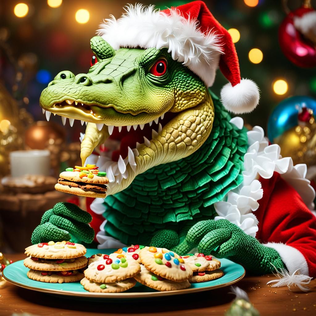 Whimsical Santa Crocodile Eats Cookies in Festive Digital Ar...