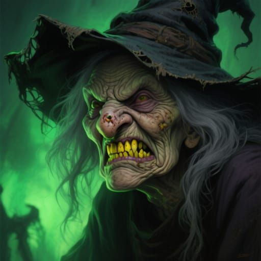 Close-Up Portrait of an Angry, Wrinkled Witch