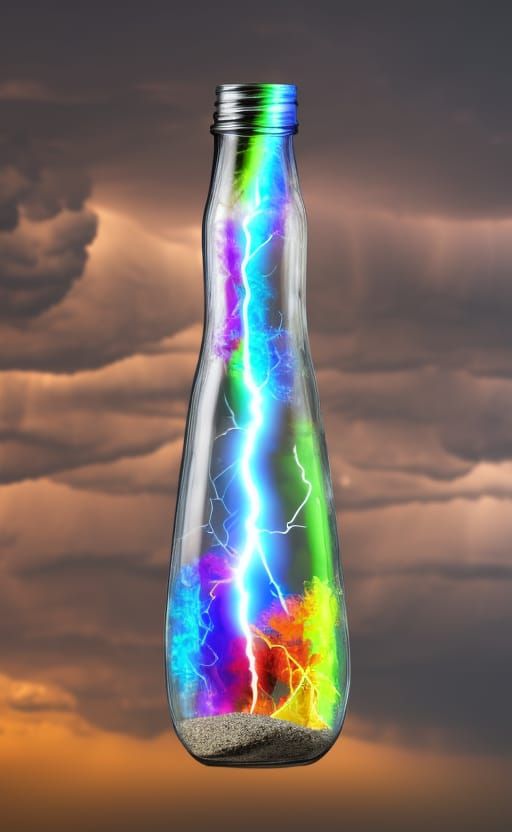 Electric Storm in Glass Bottle Terrarium, Hyper Detailed Pho...