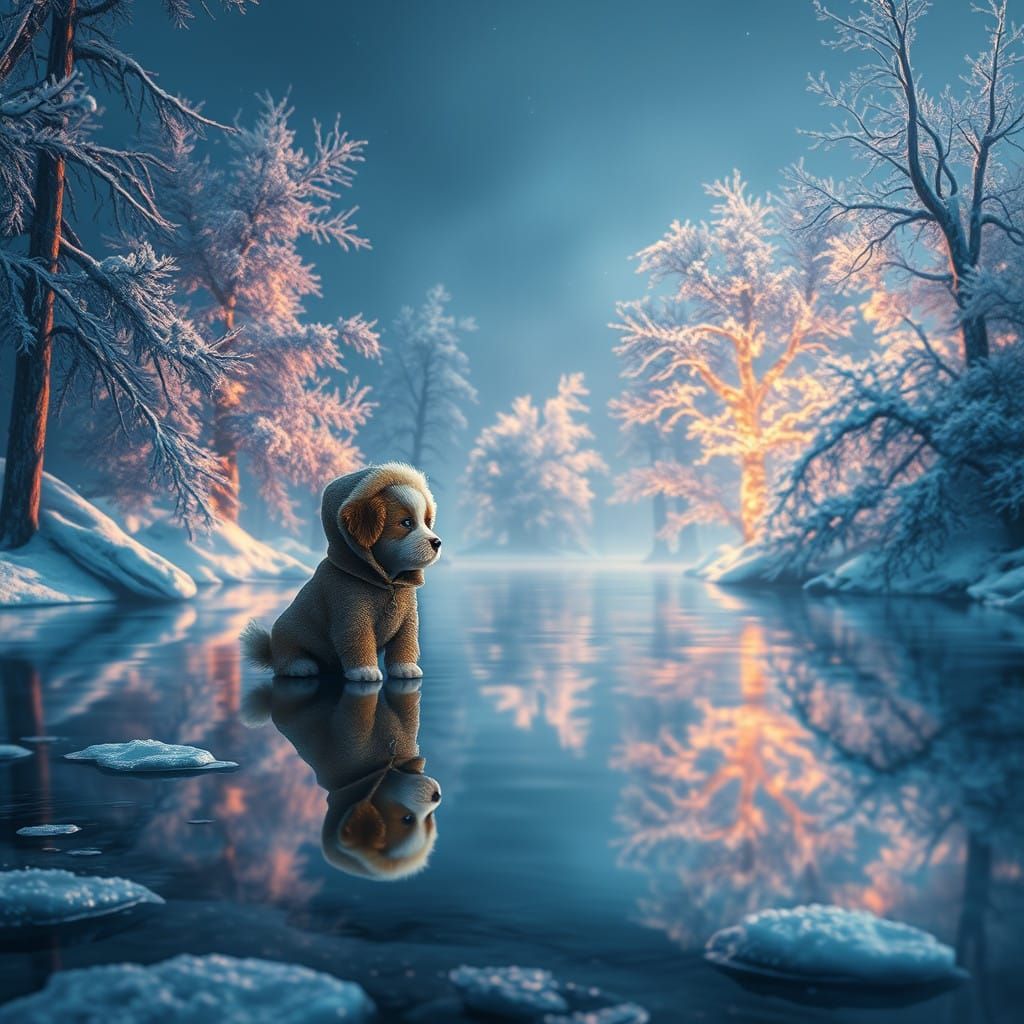 Fantasy Puppy Contemplates its Icy Lake Reflection