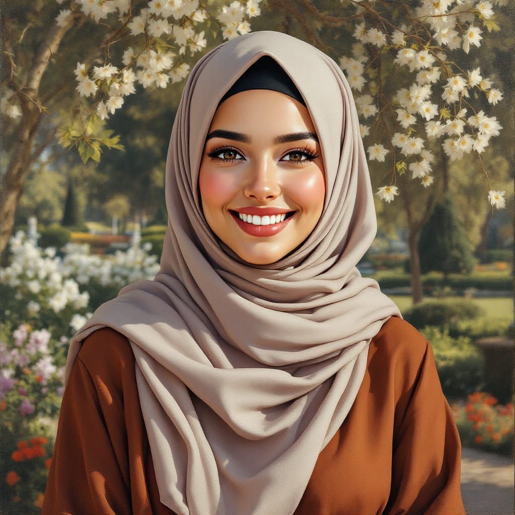 Elegant Hijabi Woman in Floral Garden Painting