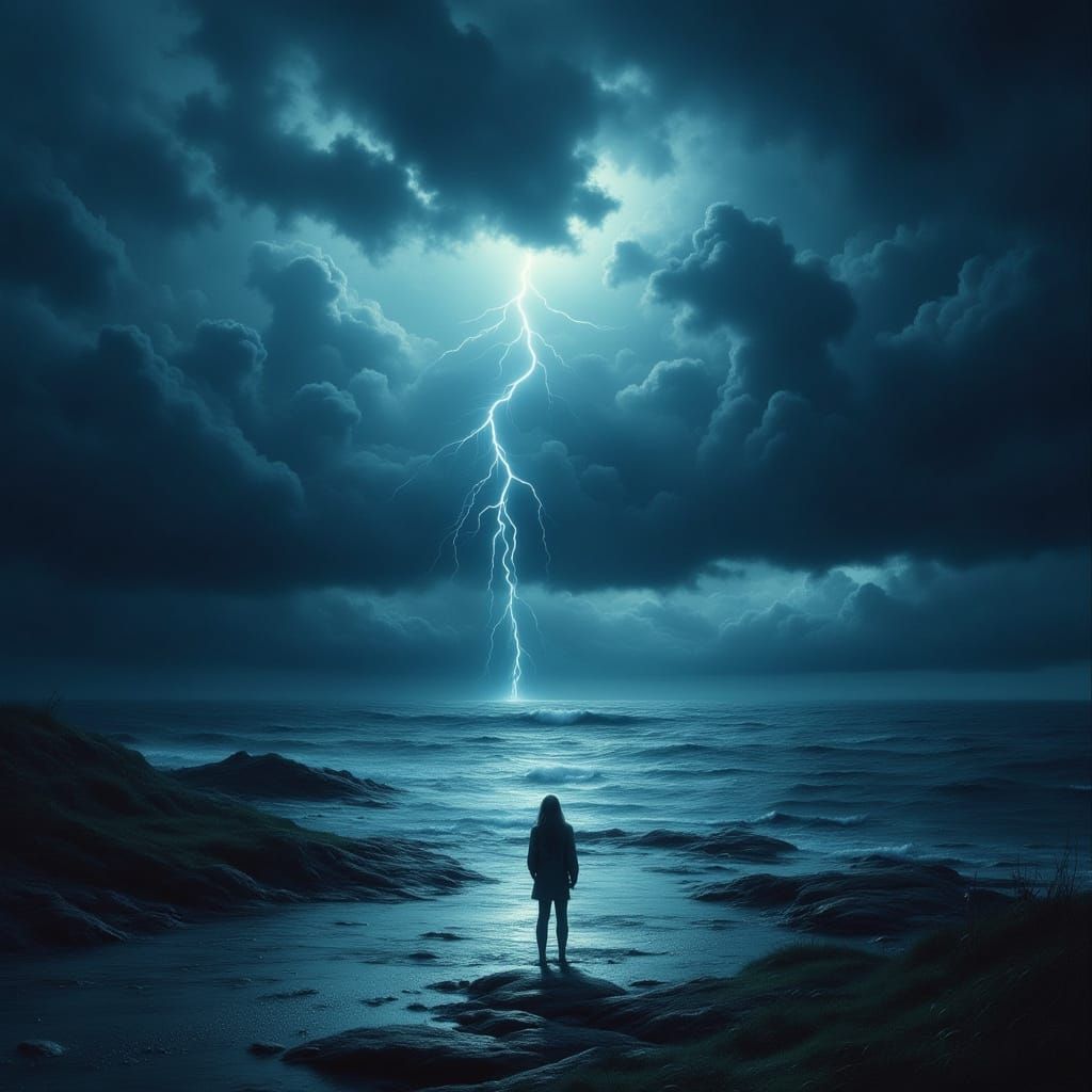 Mysterious Figure Amidst a Turbulent Stormy Sea