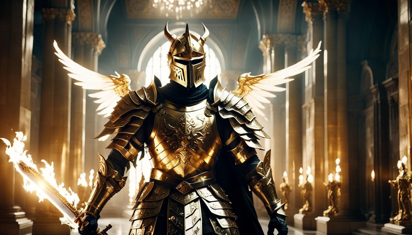 Golden Knight with Wings in Grand Hallway