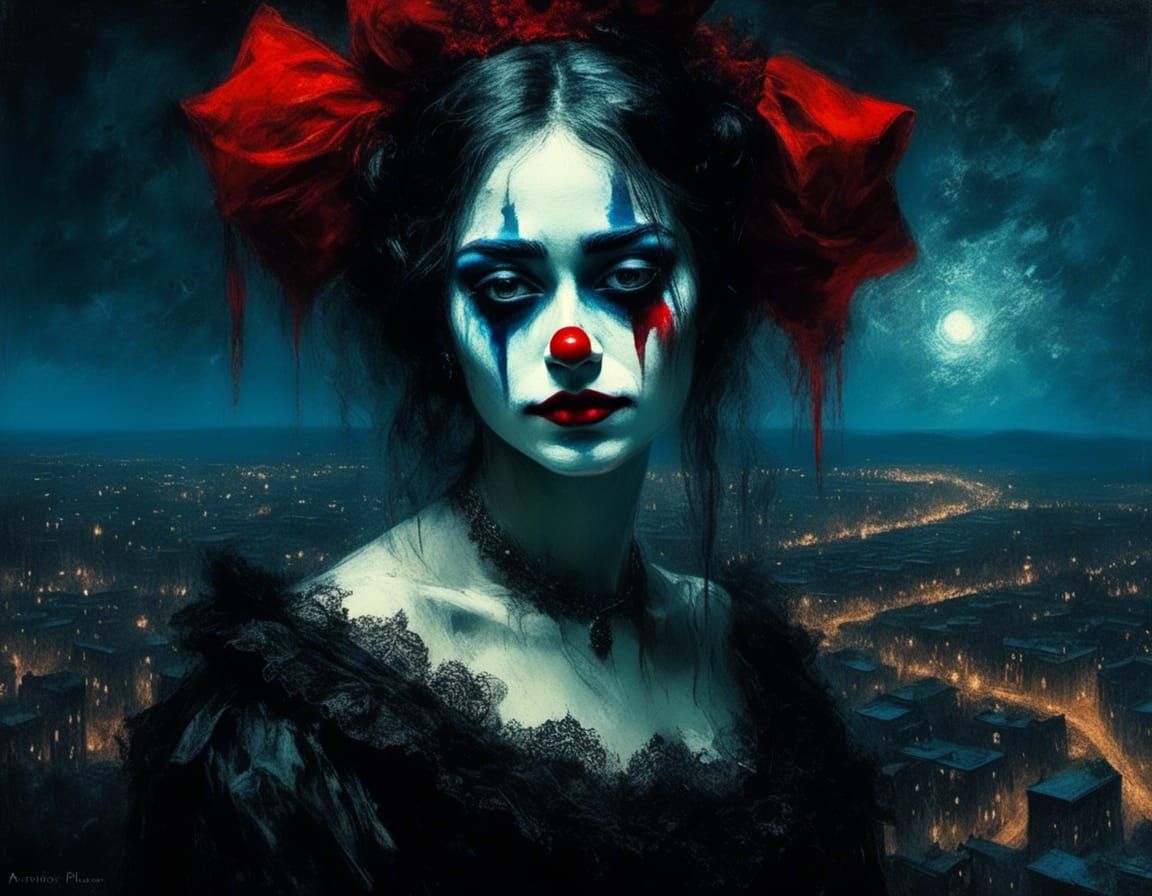 Mournful Clown Overlooking City at Night as Mixed Media Art