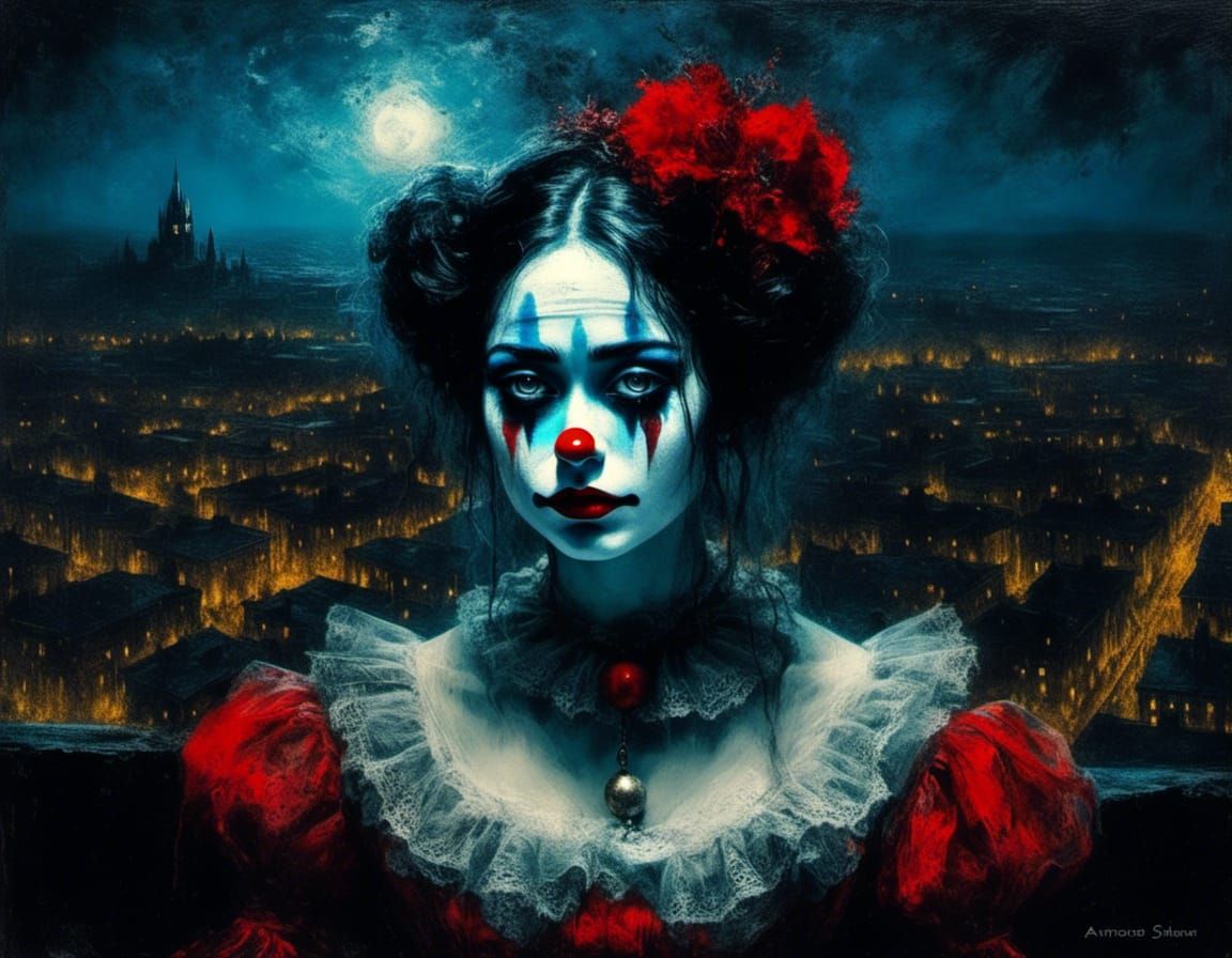Mournful Victorian-Style Portrait of a Sad Clown Overlooking...