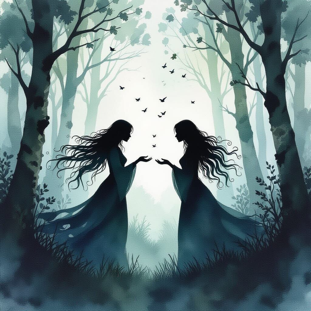 Banshees Meeting in Irish Forest, Watercolor Alcohol Ink Sty...