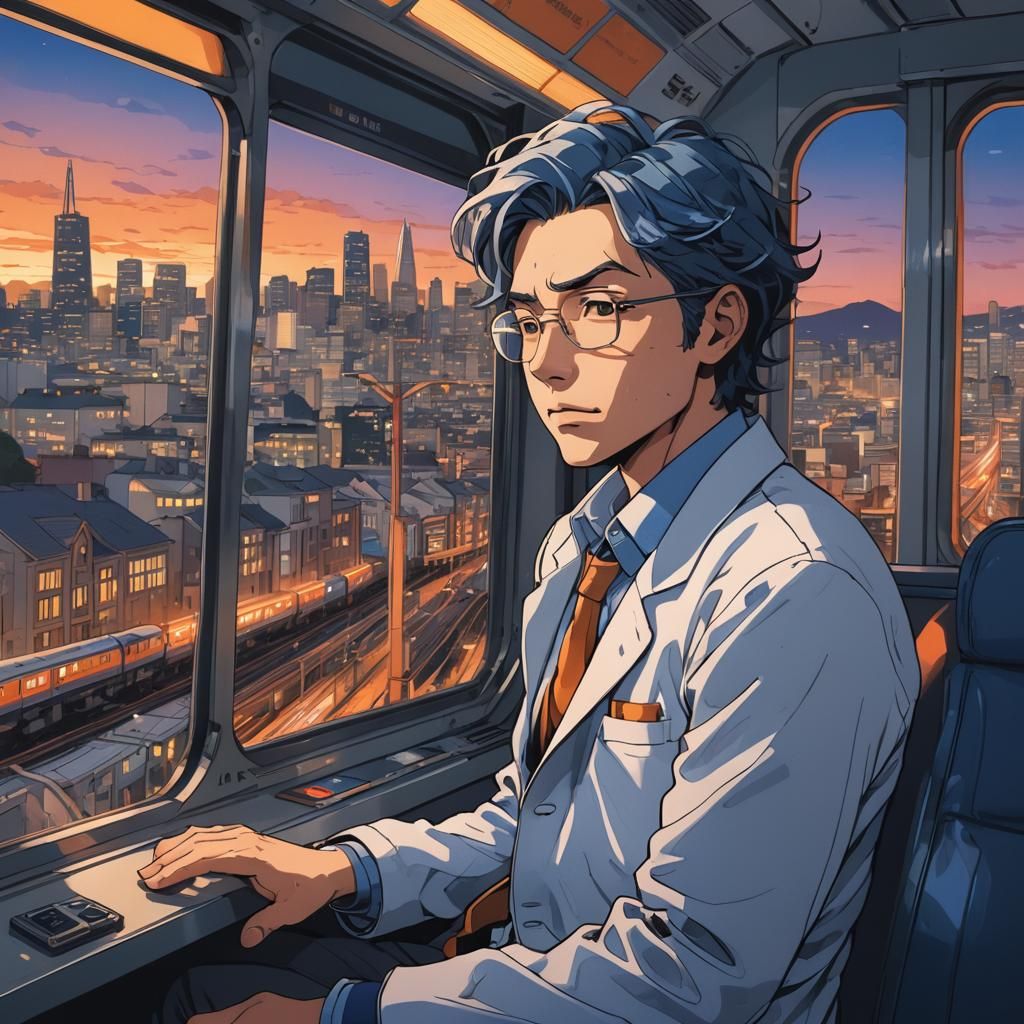Scientist on Train in Anime Style