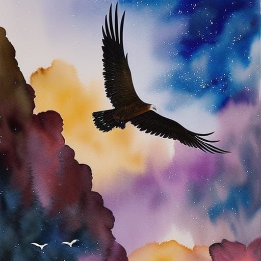 Wedge-Tailed Eagle Soaring Over Tasmania in Watercolor