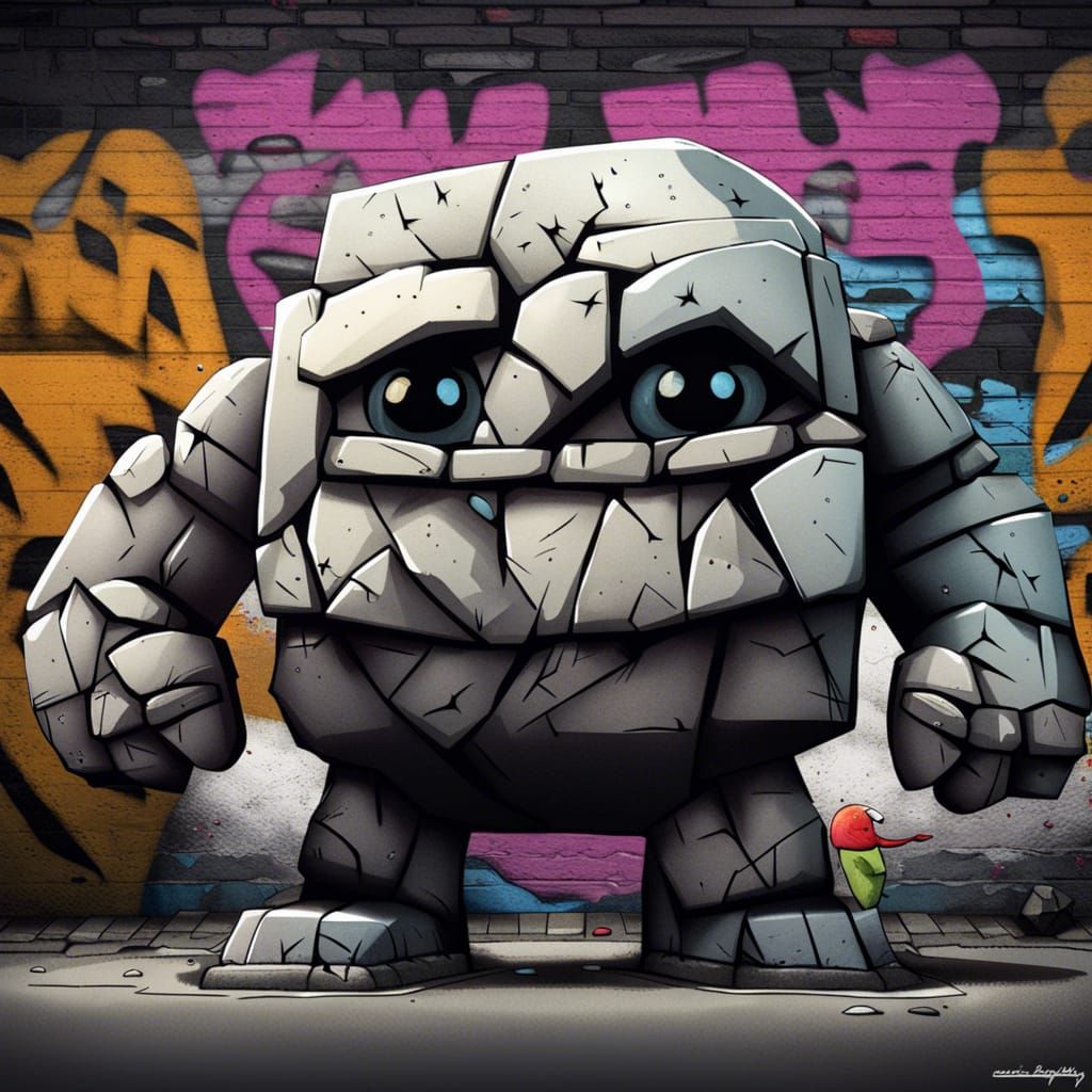 Cartoon stone golem graffiti art,street art, spray paint, high contrast, ultra detailed, ultra quality, CGSociety