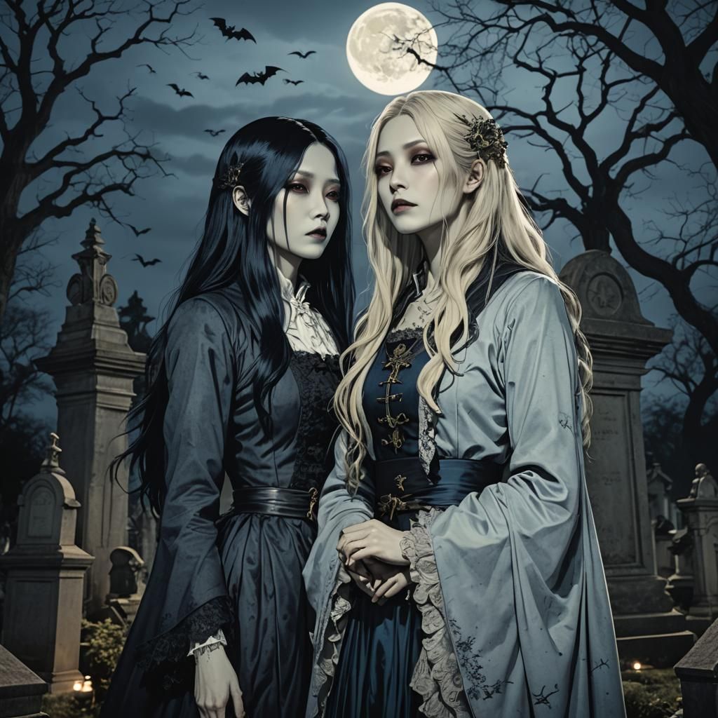 Gothic Vampire Ladies under Blood-Red Moonlight