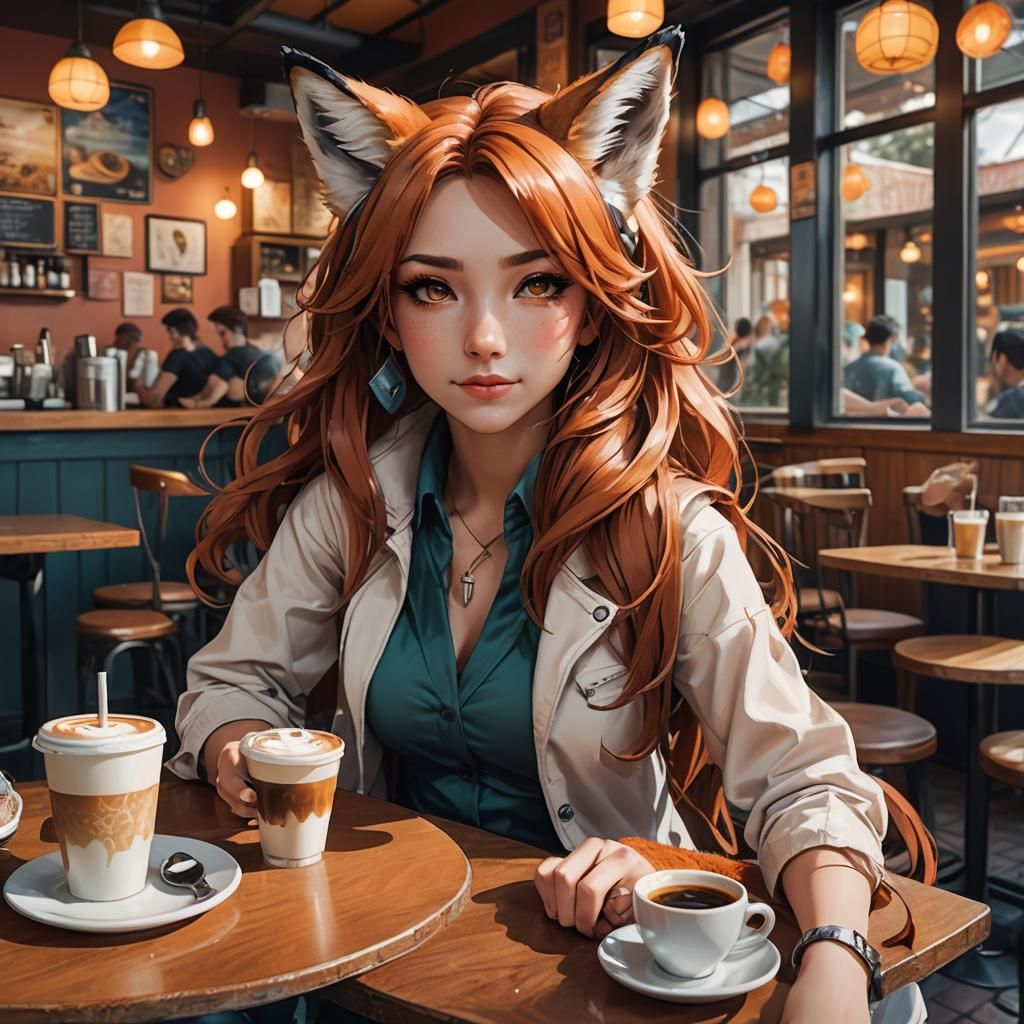 Anime Girl with Fox Ears in Cafe, Hyper-Realistic Art