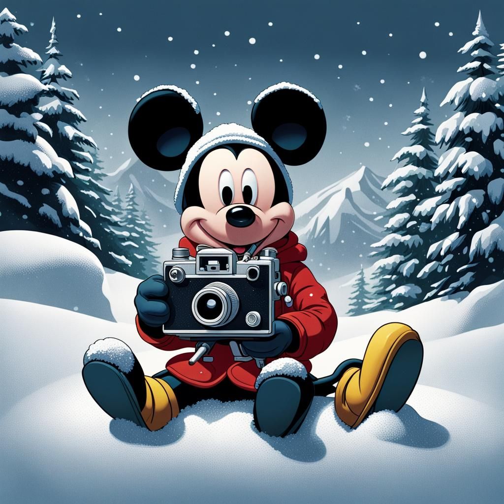 Sad Mickey Mouse in Winter Snowstorm