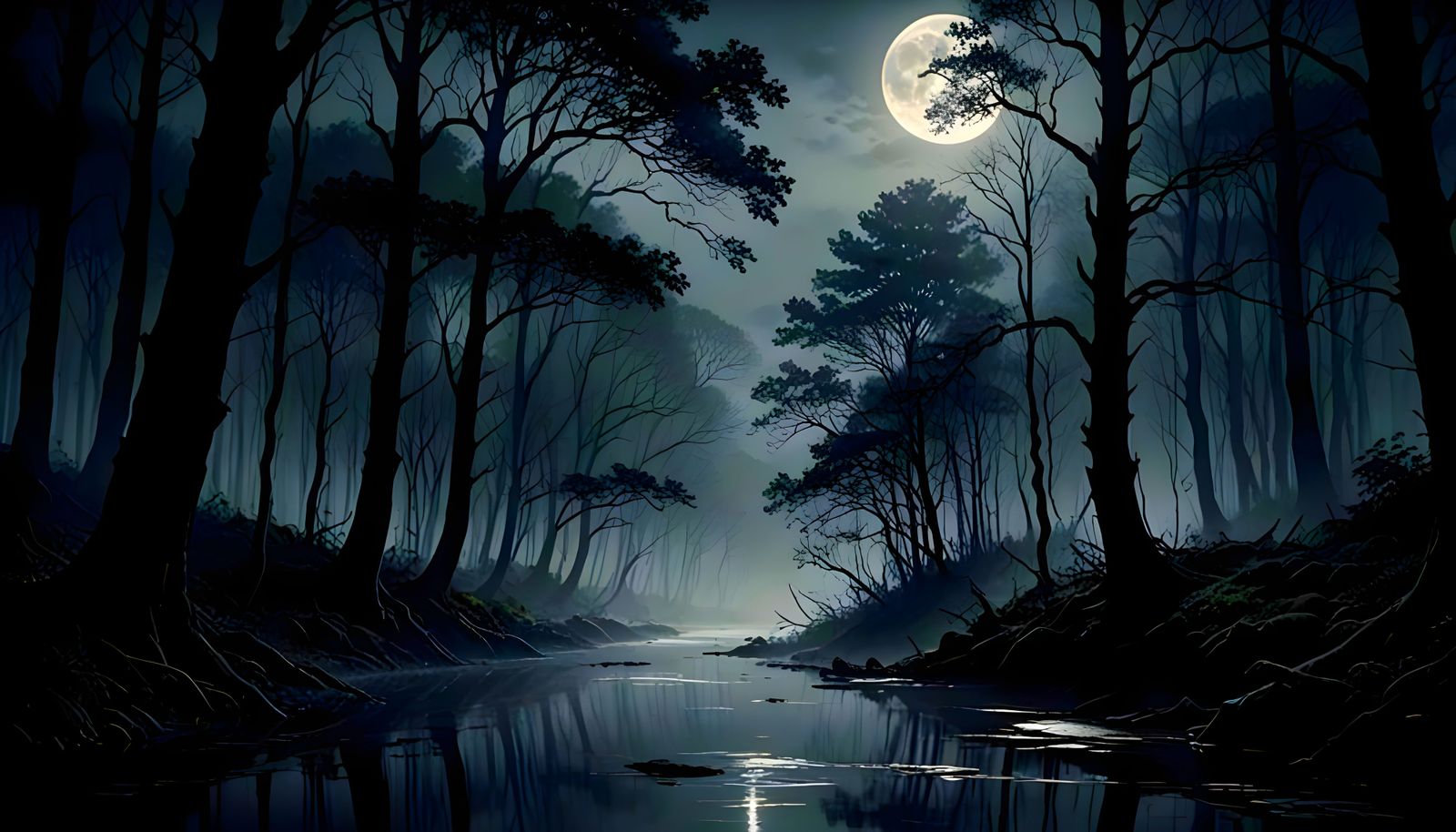 Misty Forest River at Night in Fine Ink Style