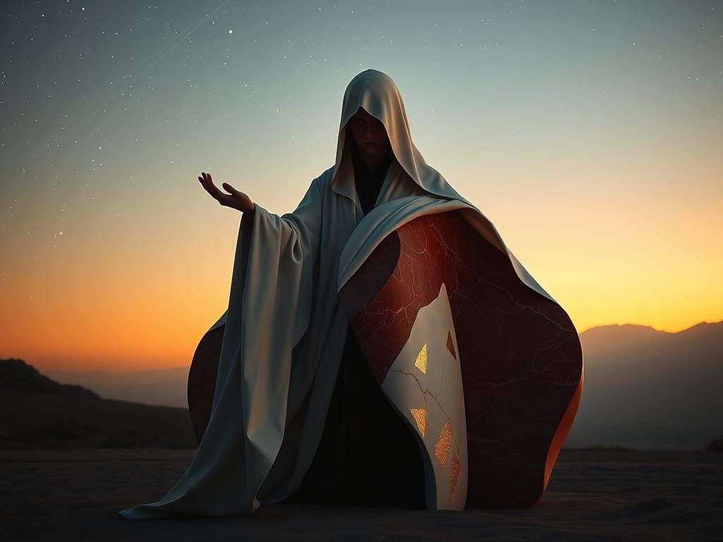 Figure Approaches Enigmatic Sculpture at Sunrise