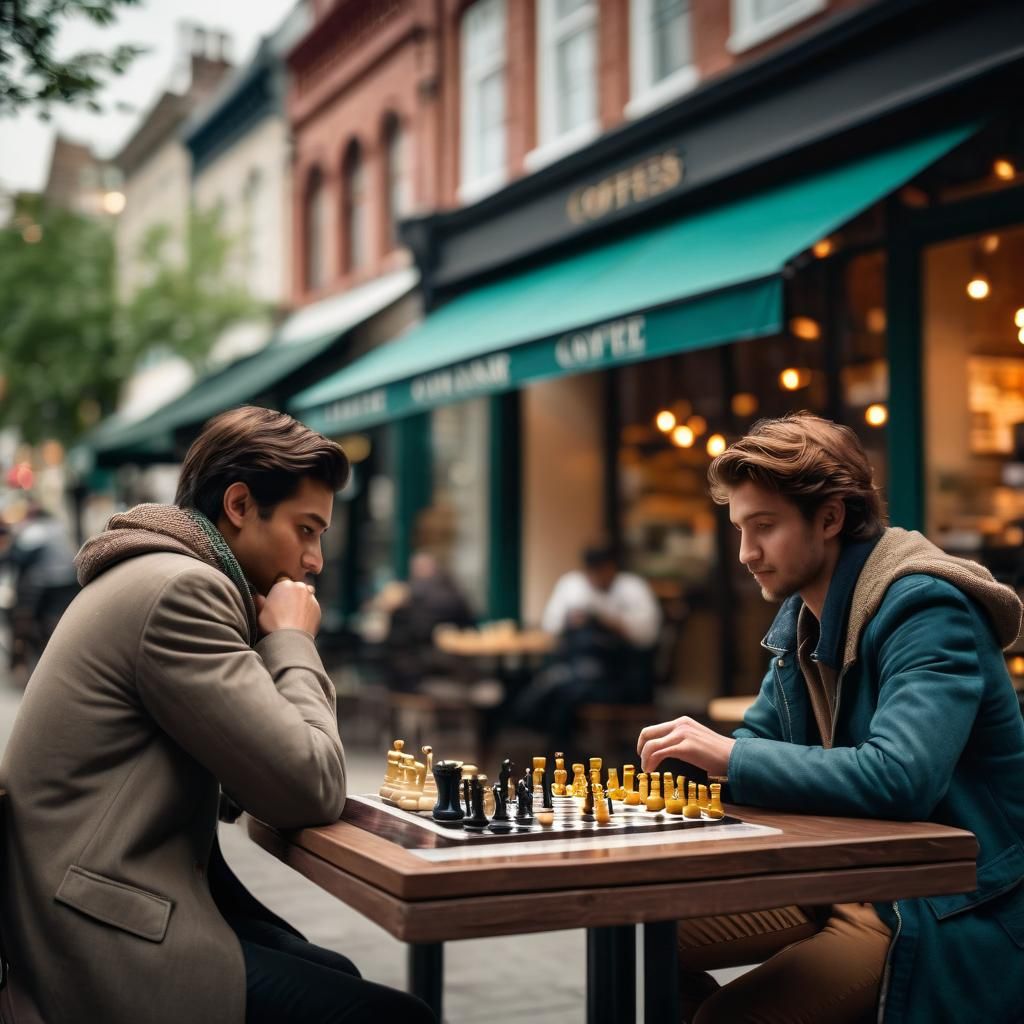 Cool Chess Players Outside a Bustling Neighborhood Coffee Sh...