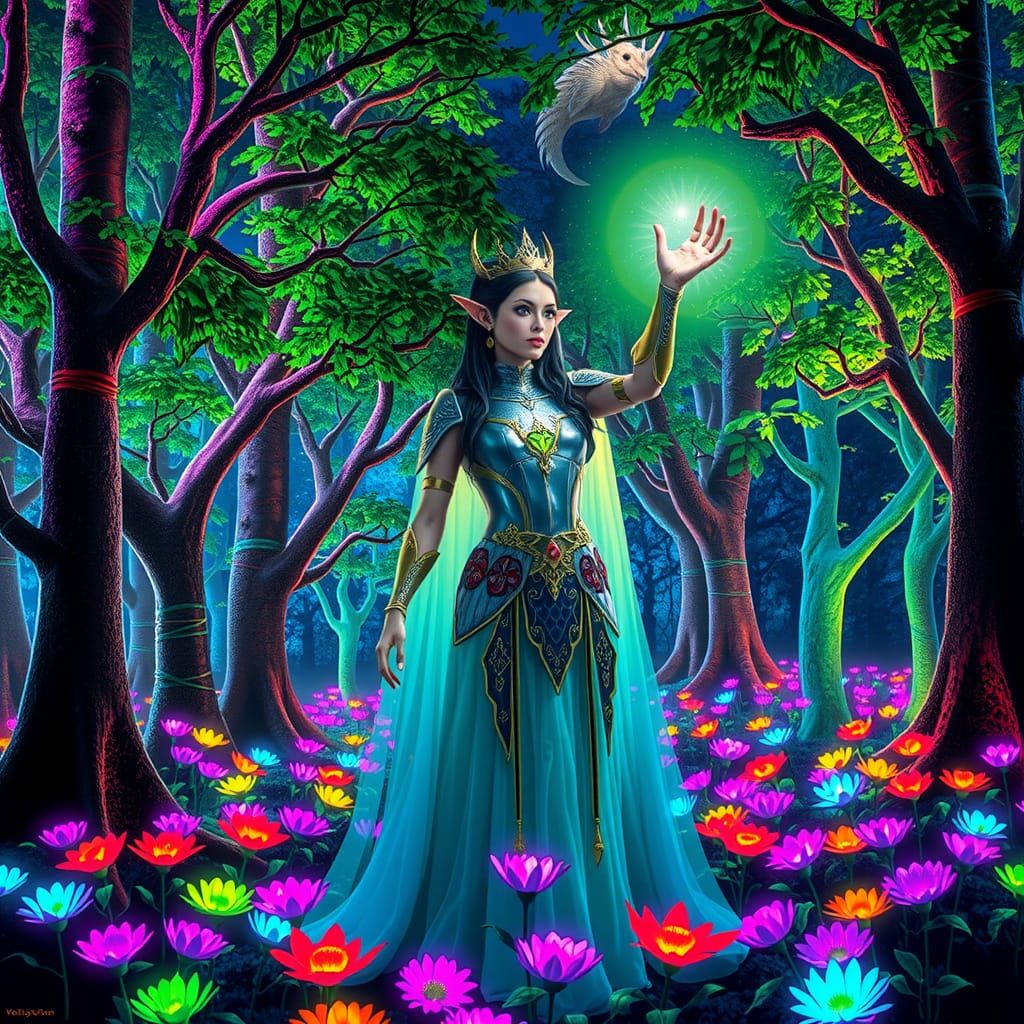 Elf Queen in Neon Grove: Cyberpunk Magic