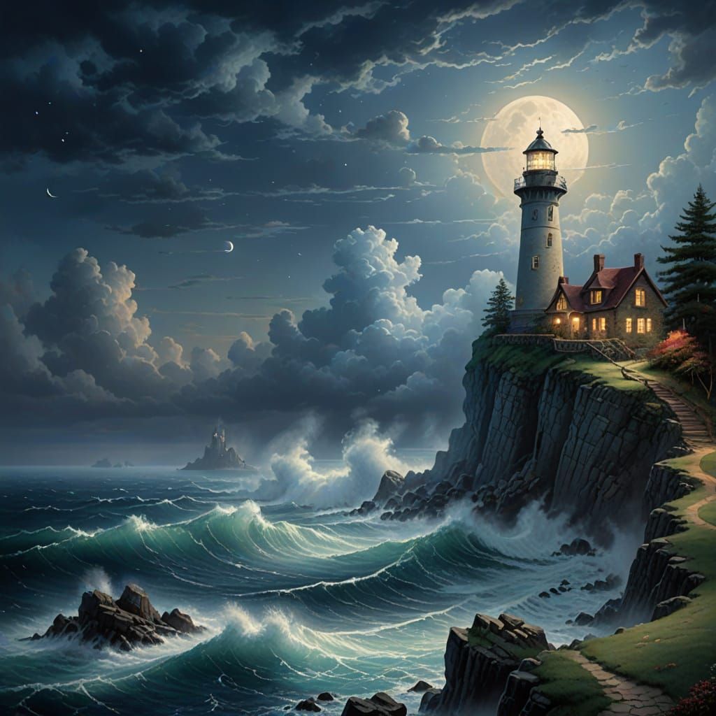 Solitary Lighthouse in Ethereal Mist - Digital Matte Paintin...