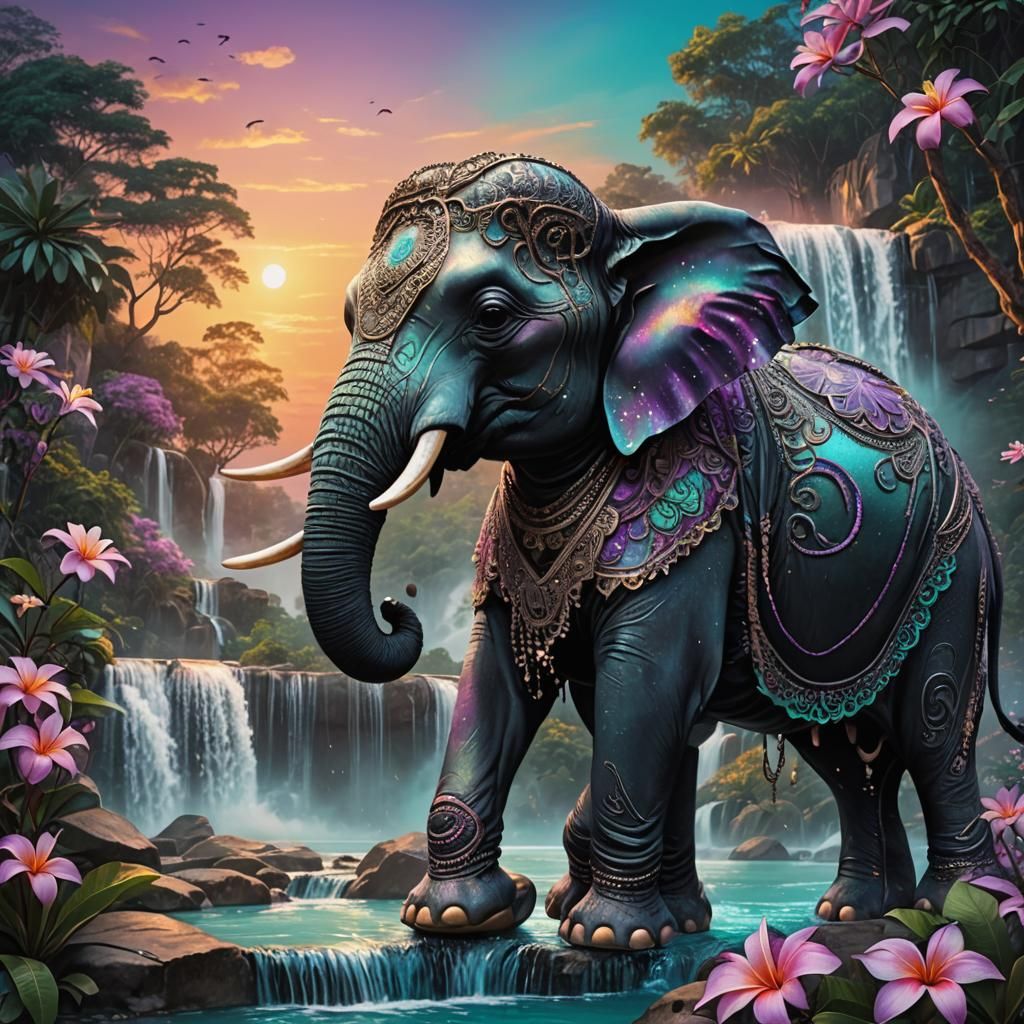 Thailand Waterfall Sunset with Filigree Elephant