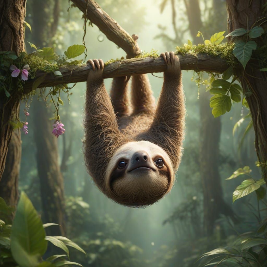 Whimsical Sloth in Enchanted Rainforest Watercolor Art