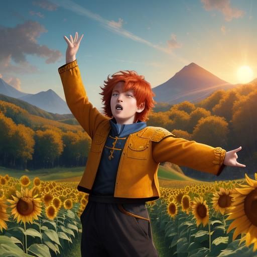Boy Singing in Sunflower Field at Sunrise