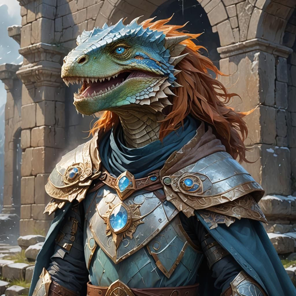 Smiling Lizardfolk in Ancient Ruins with God Rays