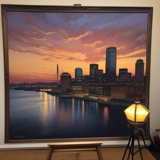 Sunset Over Baltimore Harbor Oil Painting
