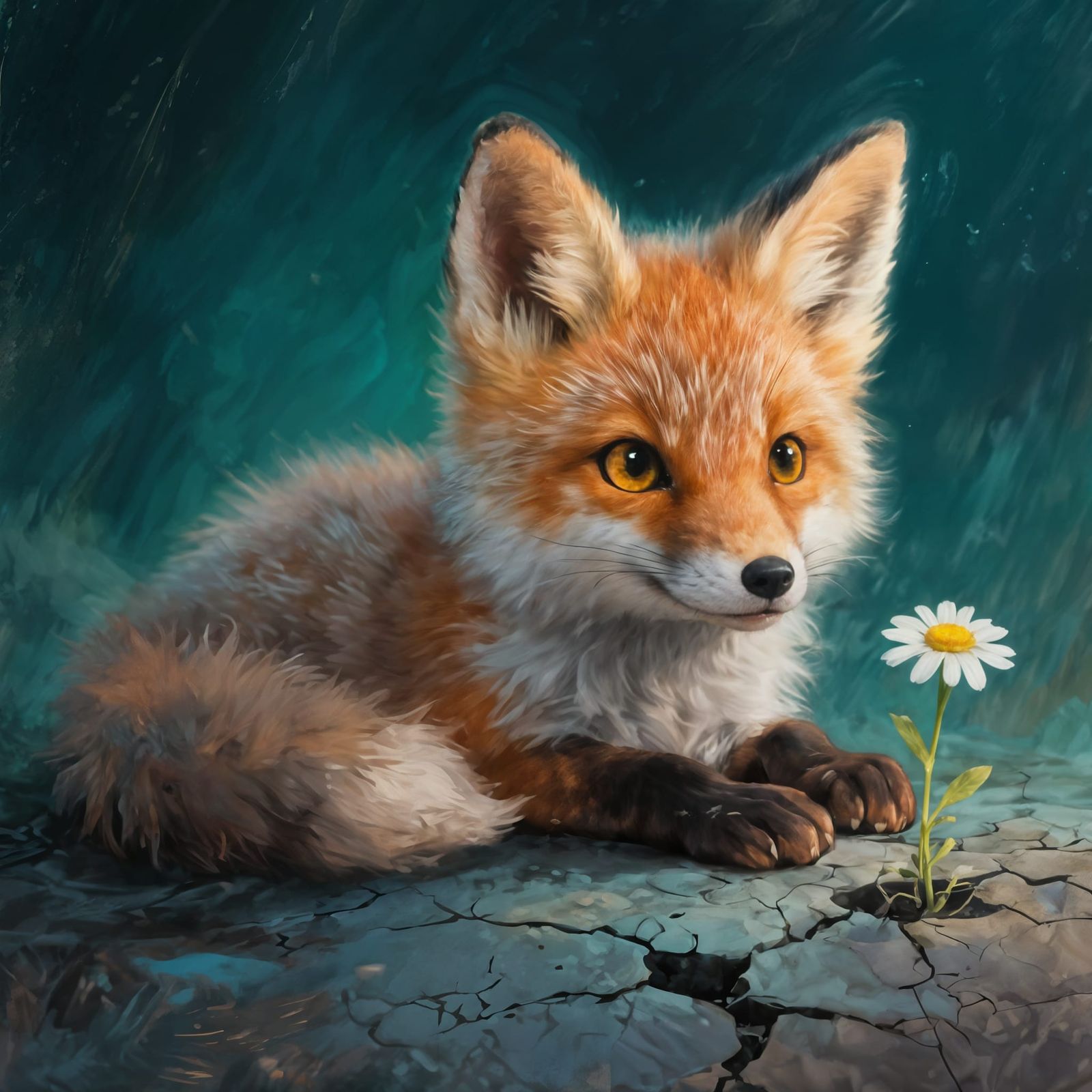 Enchanting Baby Fox Rests Head on Paw in Painterly Teal Back...