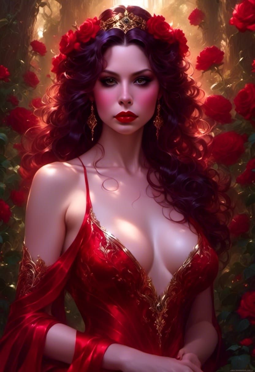 Woman in Red Gown with Roses, Fantasy Art