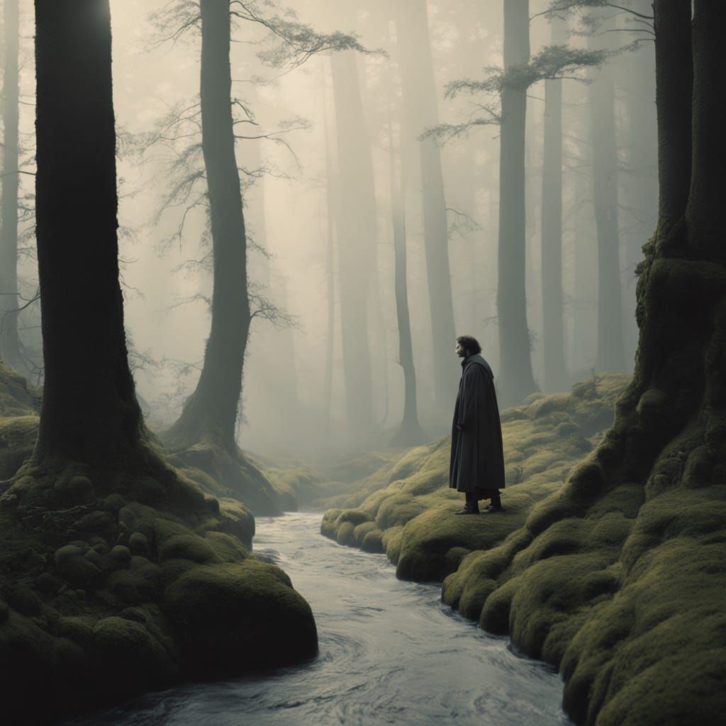 Mysterious Figure in Foggy Ancient Forest