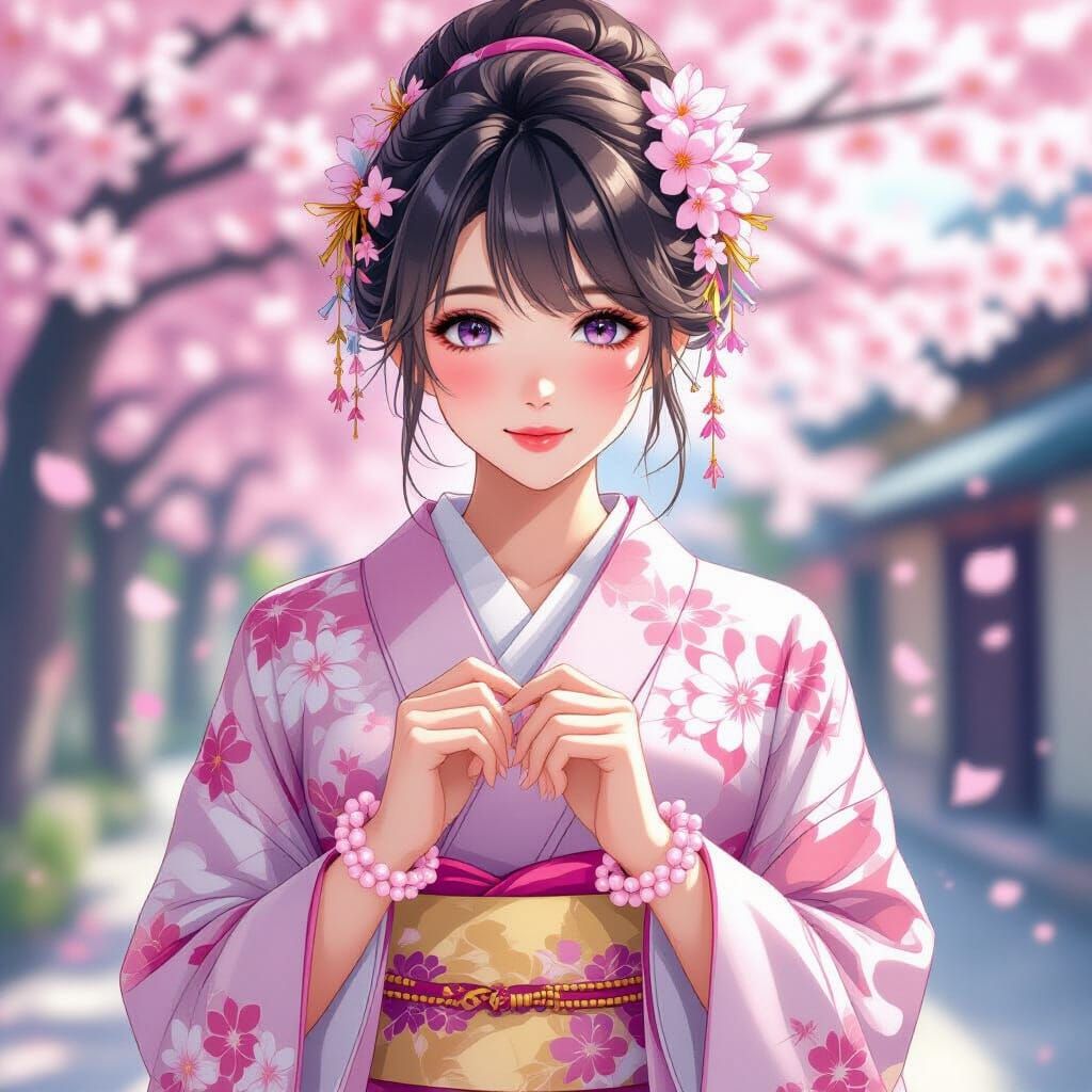 Woman in Kimono with Cherry Blossom Chains, Vibrant Anime St...