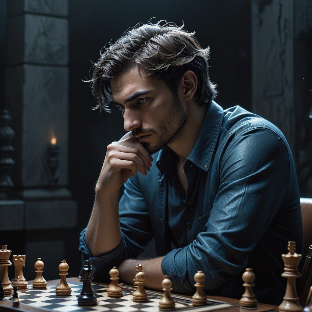 Brooding Young Chess Master in Cyberpunk Aesthetic