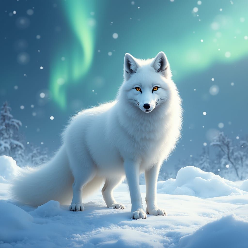 A majestic arctic fox standing in a shimmering snowy landscape, its thick white fur glistening under soft, ethereal ligh...