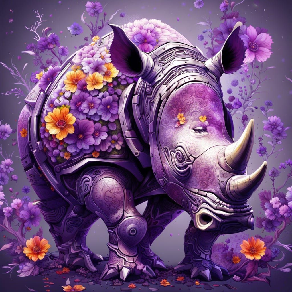 Cyberpunk Floral Rhino Digital Illustration