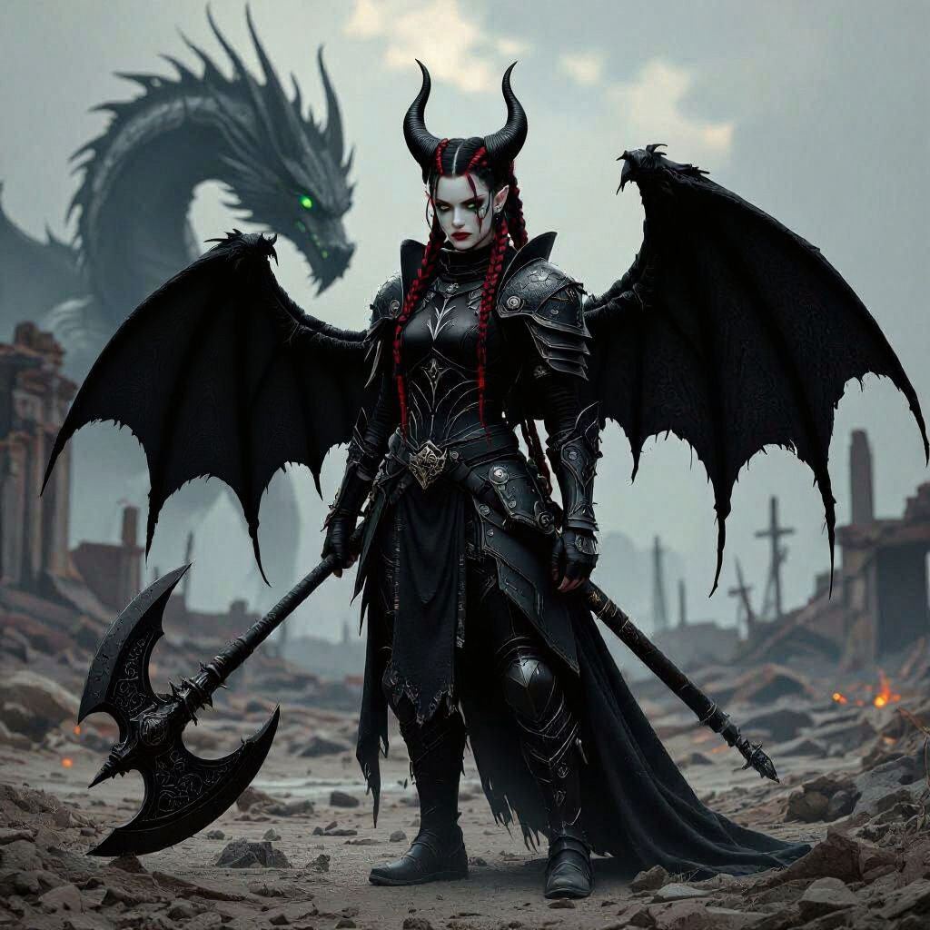 Tiefling Paladin in Wasteland, Dark Fantasy Artwork