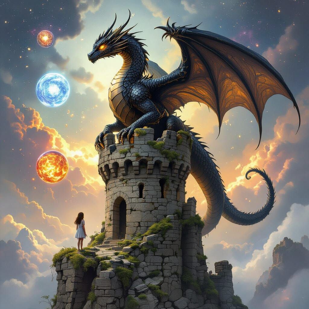 Dragon Guardian Overlooking Elemental Orbs in Dark Fantasy S...