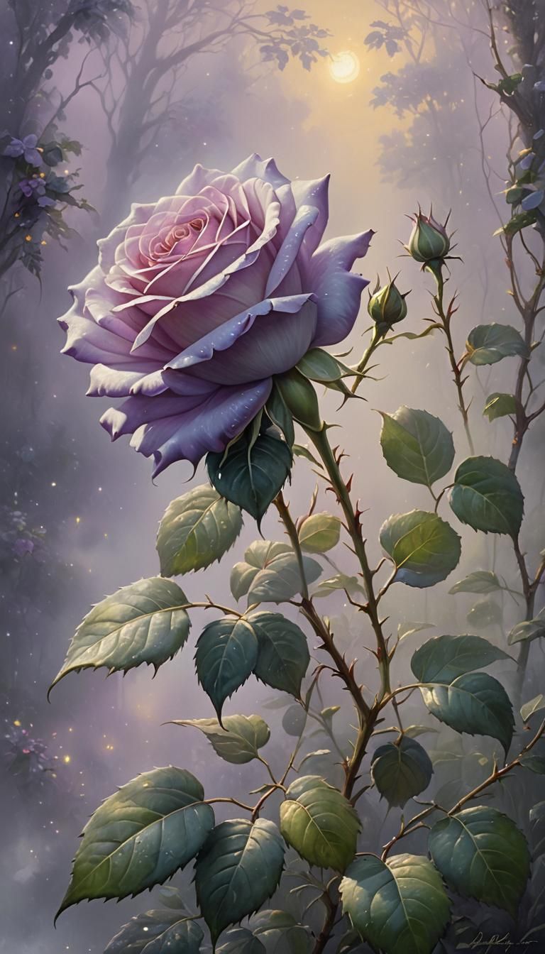 Ethereal Rose Stem in Mist: Oil on Canvas Style