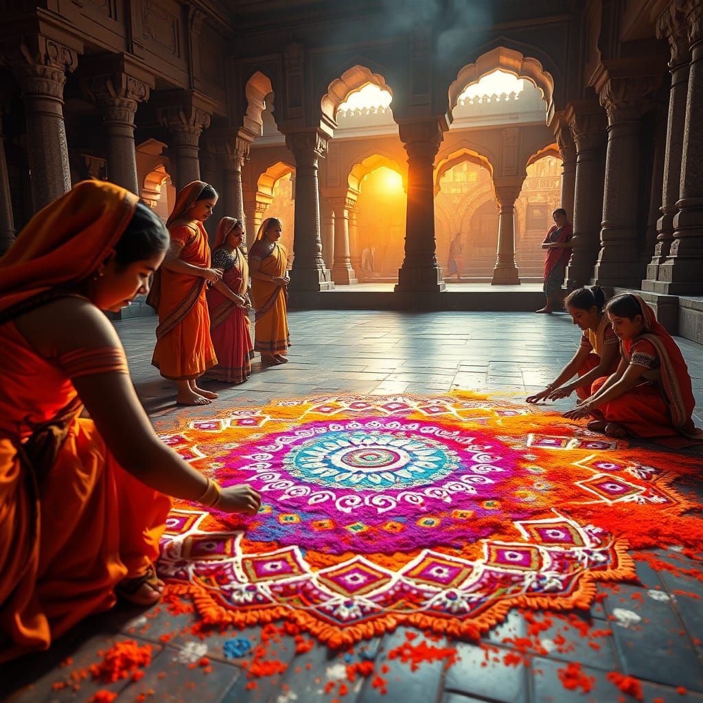 Indian Women Create Sacred Rangoli Art at Sunrise