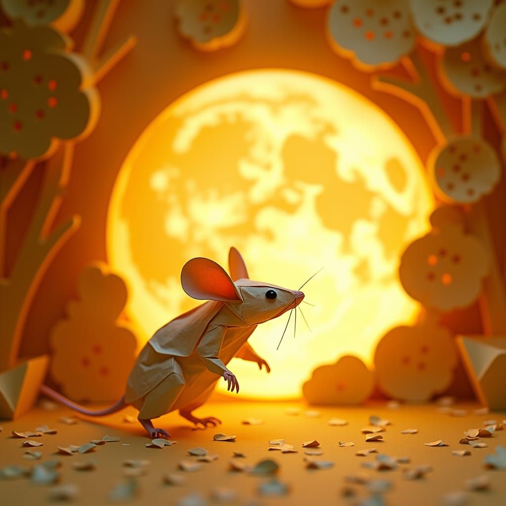 Origami Mouse Chasing Cheese Moon in Paper Forest