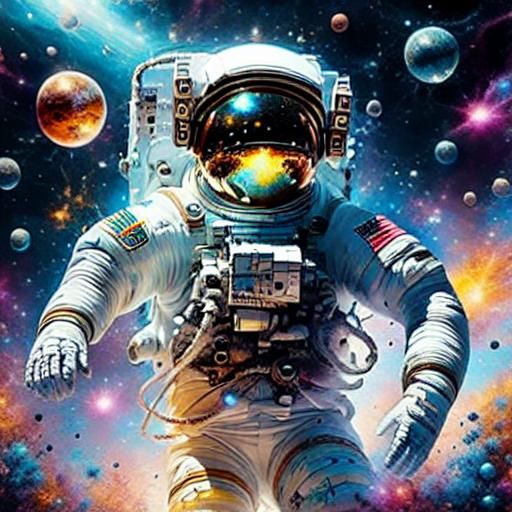 Astronaut Floating Near Space Station in Galactic Beauty