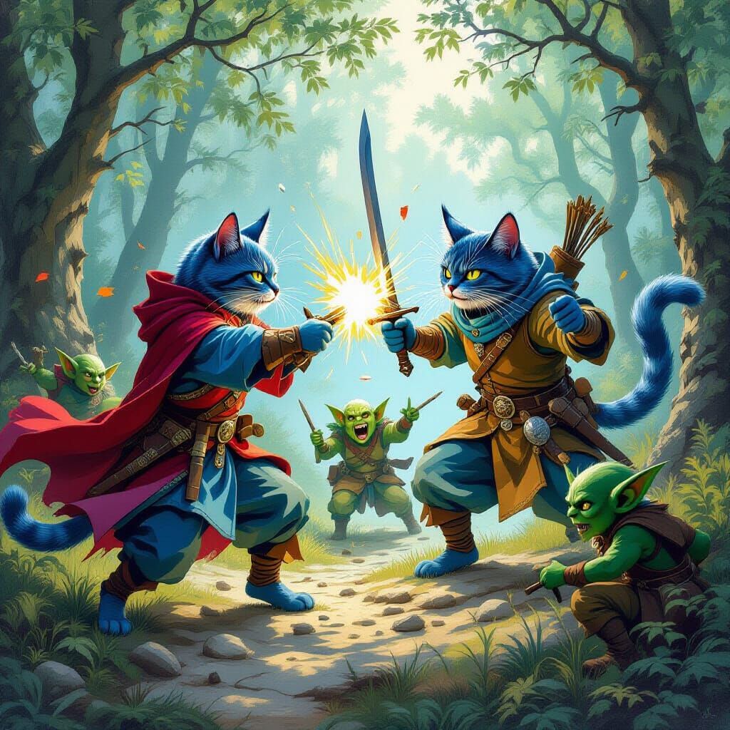 Blue Moor Cats Attack Goblins in Mystical Forest