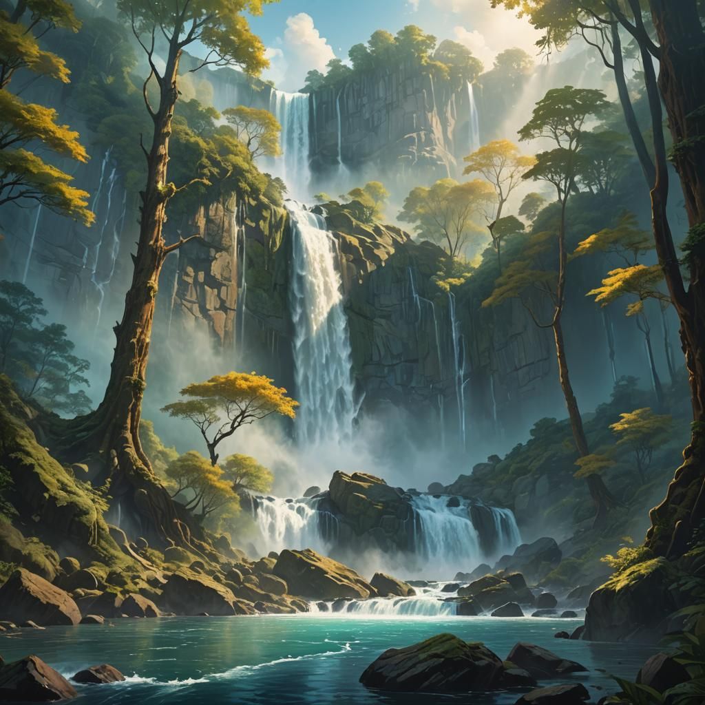 Lush Waterfall in a Cinematic Fantasy Landscape