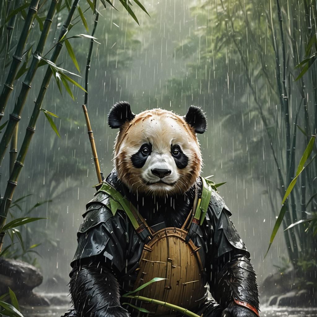 Panda Warrior in Rainy Bamboo Forest