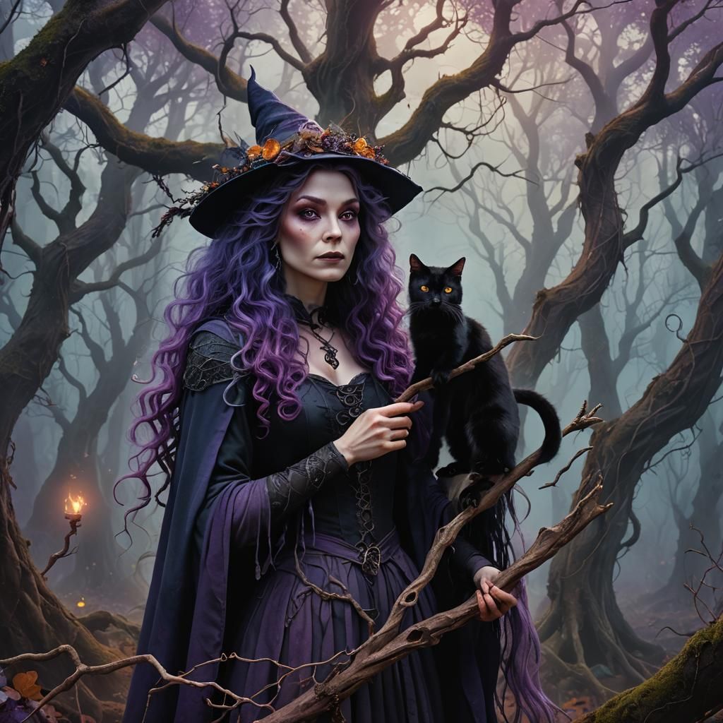 Mystical Witch in Misty Forest Concept Art
