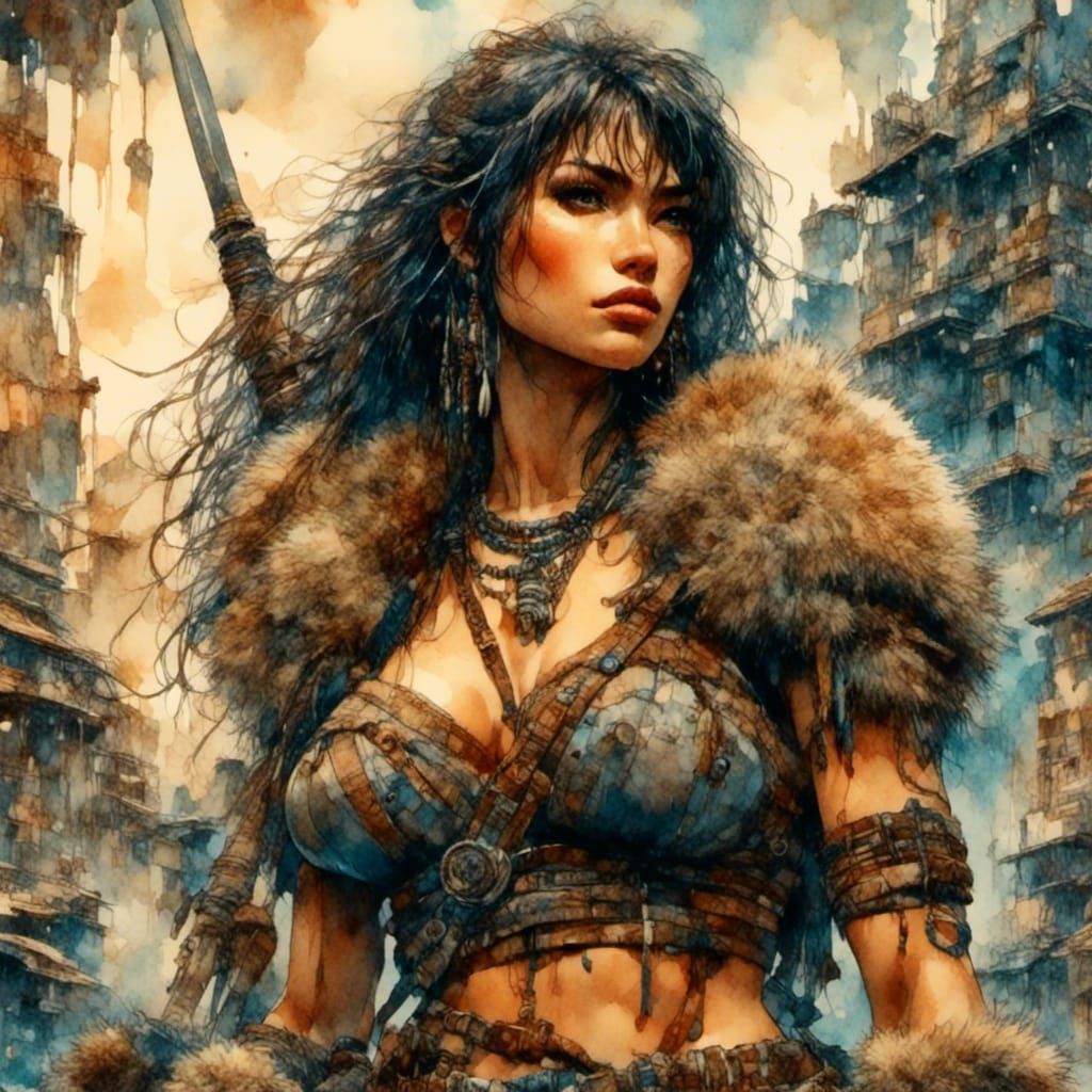 Muscular Barbarian Woman in Comic Book Style