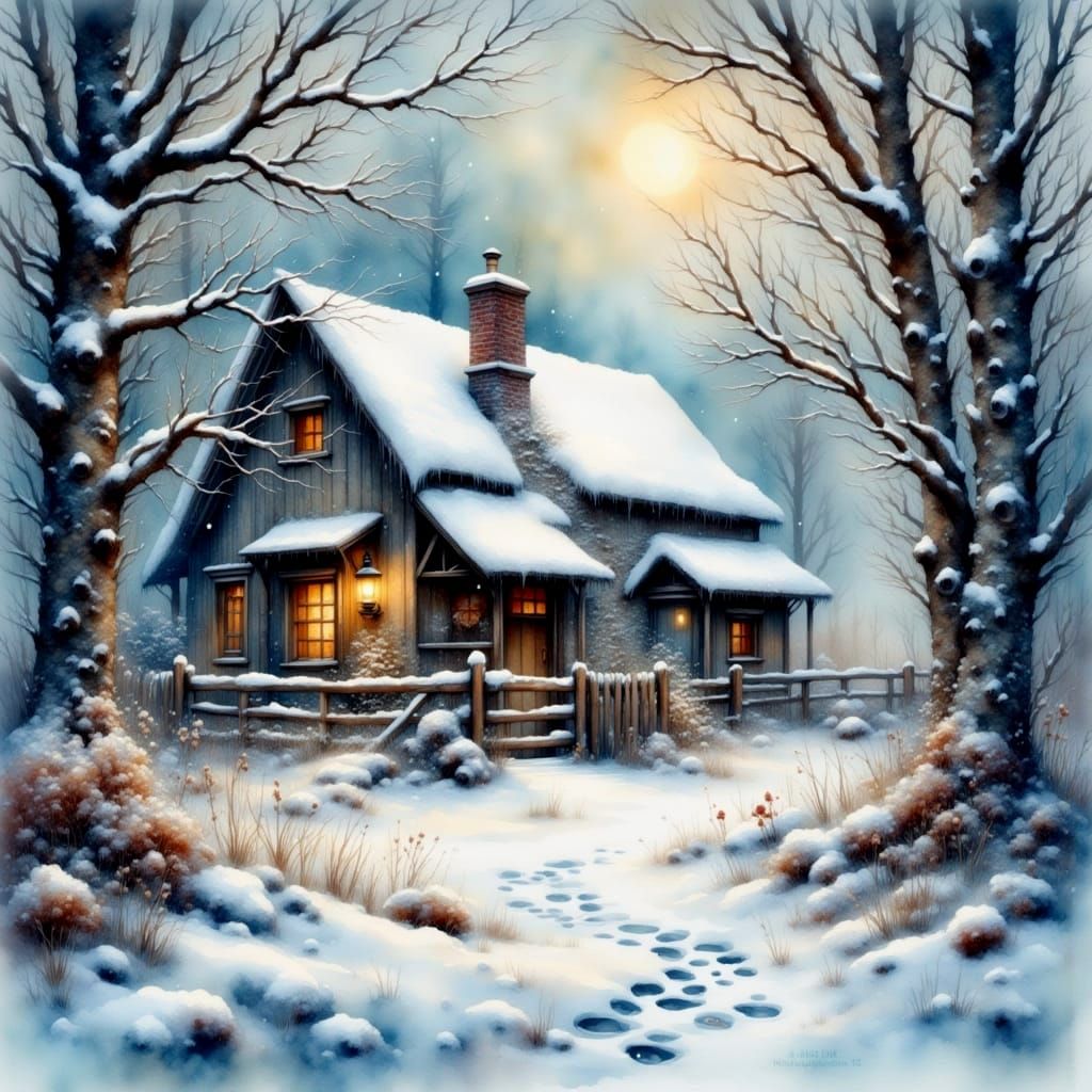 Winter Horse Stable by Lantern Light: Watercolor Art