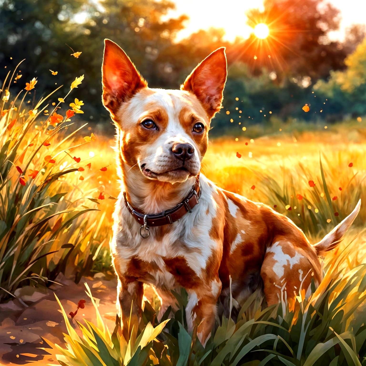 Dogs Playing in Golden Hour, Watercolor Concept Art