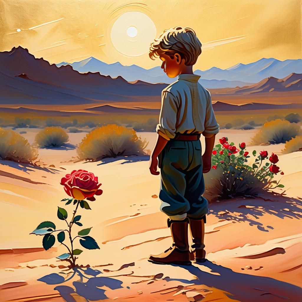Little Prince and Rose on Desert Planet as Impressionist Gou...