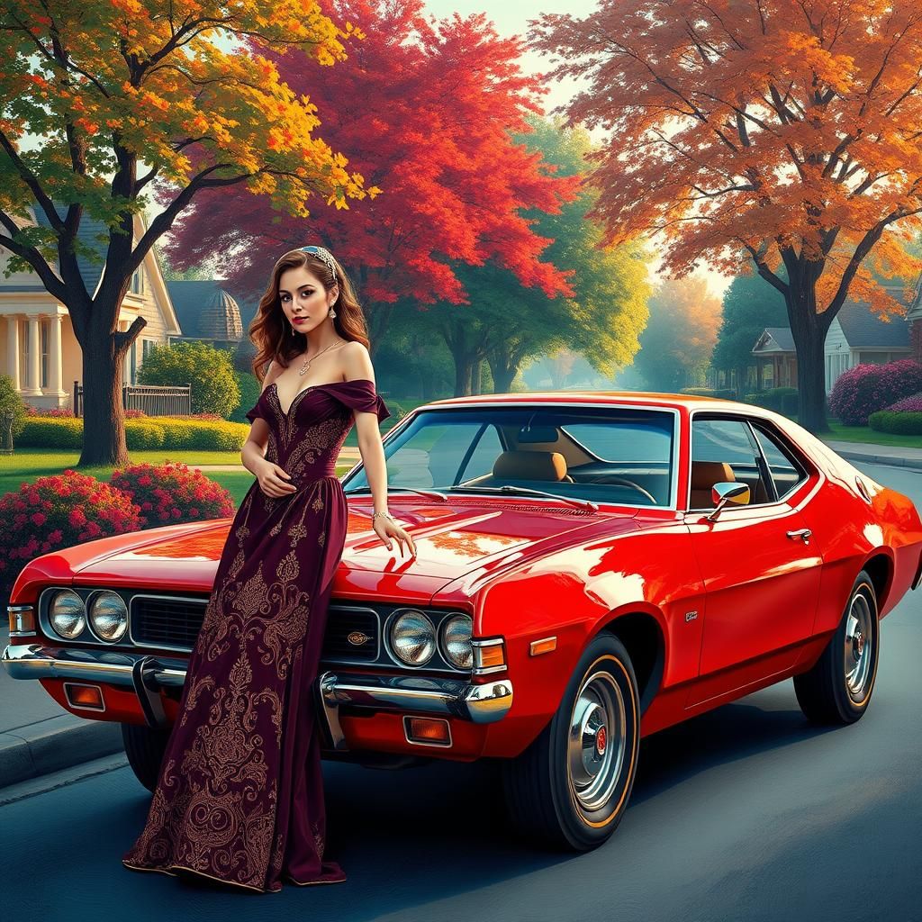 Elegant Women Beside 1971 Pinto in Oil Painting Style
